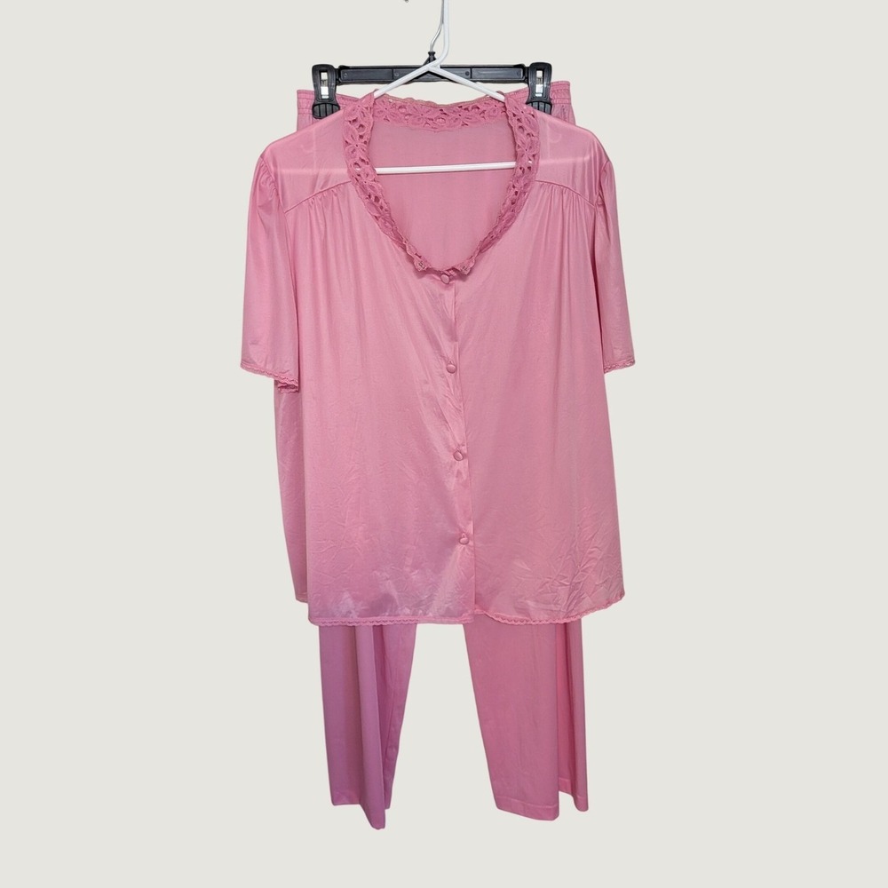 Vintage 60s/70s Vanity Fair Pink Nylon Tricot 2 Piece Pajama Set Size 38